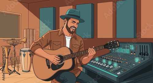 Cartoon illustration of a musician playing guitar in a music studio with equipment showing joy