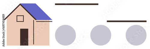 House with blue roof, brown door, and abstract shapes of horizontal lines and circles. Ideal for architecture, design, construction, planning, geometry, minimalism simple flat metaphor