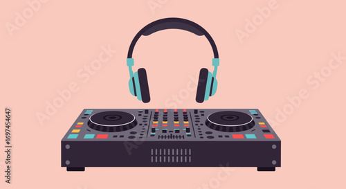 A sleek flat design vector illustration showcasing a DJ mixing deck and headphones, representing electronic music production and live DJ performances