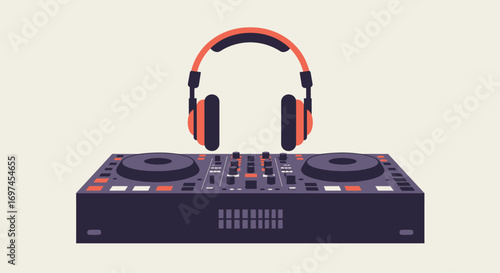 A sleek flat design vector illustration showcasing a DJ mixing deck and headphones, representing electronic music production and live DJ performances