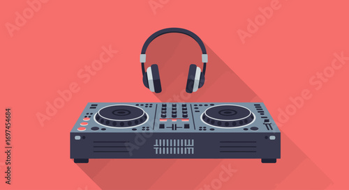 A sleek flat design vector illustration showcasing a DJ mixing deck and headphones, representing electronic music production and live DJ performances