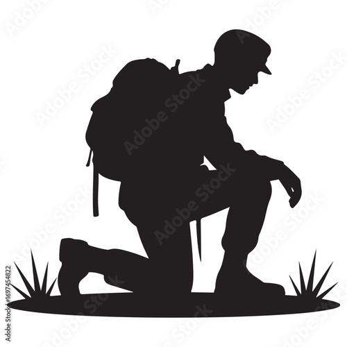 Silhouette of Armed Soldier in Combat Gear Holding a Vector