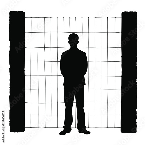 Silhouette of a man in front of a wire fence Keywords: silhouette, man, fence, wire, barrier