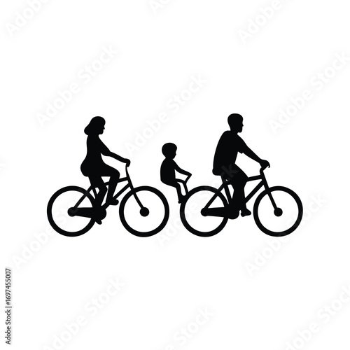 Silhouette of a family riding bicycles together enjoying leisure time outdoors