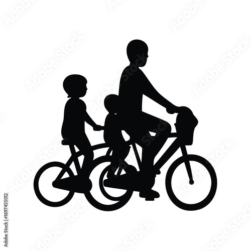 Silhouette of a father riding a tandem bicycle with two children