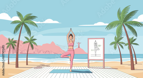 Young woman practicing yoga tree pose on beach with palm trees in Rio de Janeiro
