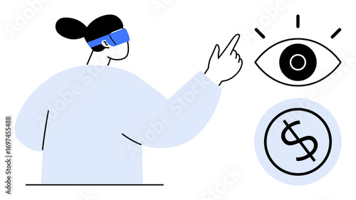 Person wearing VR headset pointing at digital icons of an eye and a dollar sign, representing augmented reality, technology, virtual finance, vision, future innovation. Ideal for fintech, VR