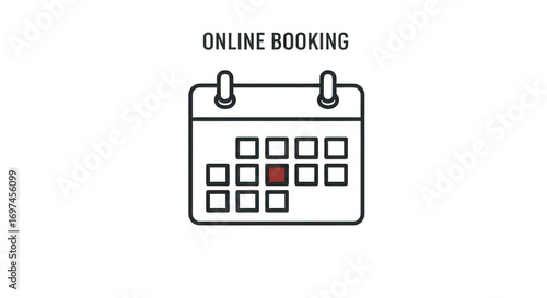 A simple graphic illustration of a calendar with the words online booking above it, highlighting a specific date isolated on transparent background