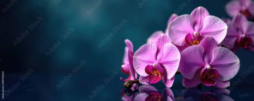 Fototapeta premium Refined pink orchids, delicate white blooms, dark blue reflective backdrop, dark blue, luxury, image