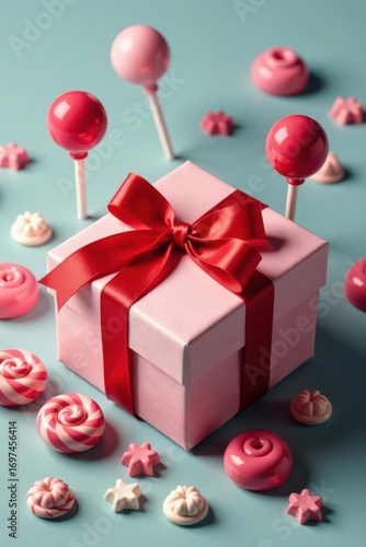 Red ribboned gift box surrounded by assorted lollipops , presents, treat