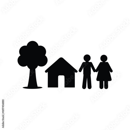 Simple Family Home Icon with a Couple, a House and a Tree