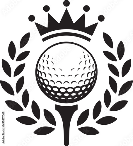 Golf ball vector logo. Golf ball on tee with wreath and crown. Vector illustration