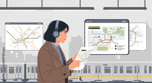 Woman with headphones using a subway map at a train station for easy navigation system