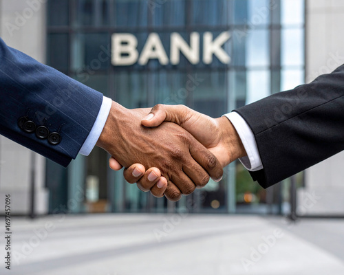 Close up of two businessmen shaking hands in front of a bank building