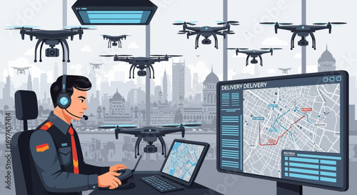 Illustration of a drone delivery control center overseeing a fleet of unmanned aerial vehicles