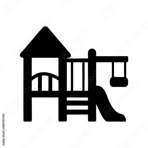 Black silhouette of playground equipment with slide, steps, and swingset components