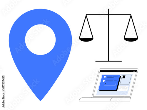 Blue location marker, legal balance scales, and a digital laptop interface. Ideal for law, technology, location services, justice, online platforms ethics decision-making. Simple flat metaphor