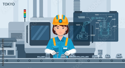 Female Engineer Overseeing Automated Production Line in a Modern Tokyo Factory Illustratation