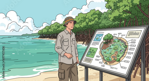 Illustration of a tourist studying a mangrove ecosystem map near the ocean beach