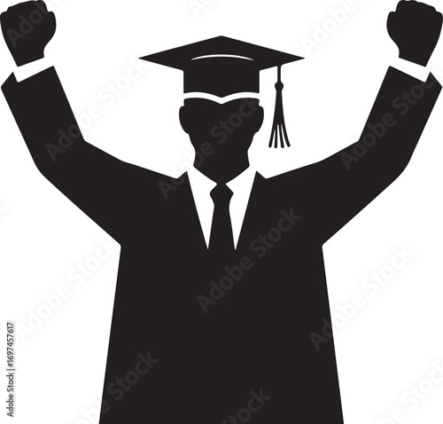 Graduate student boy in square hat raise hands vector icon. Male in mortar hat and graduation academic wear