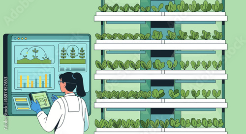 Illustration depicting advanced vertical farming and agricultural technology integration for