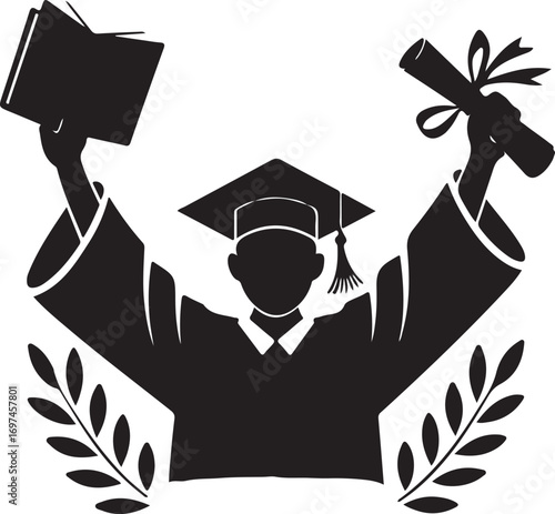 Graduate student boy in square hat raise hands vector icon. Male in mortar hat and graduation academic wear