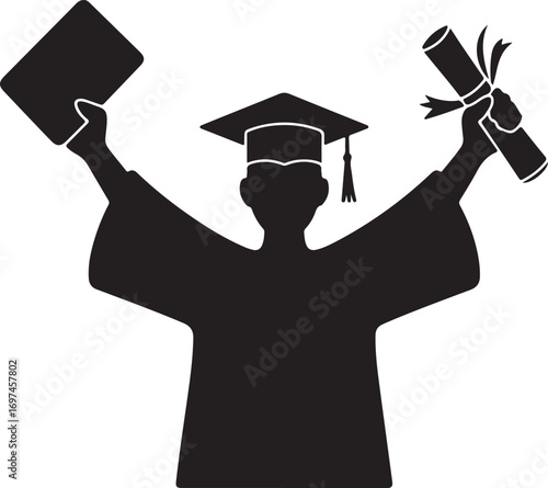 Graduate student boy in square hat raise hands vector icon. Male in mortar hat and graduation academic wear