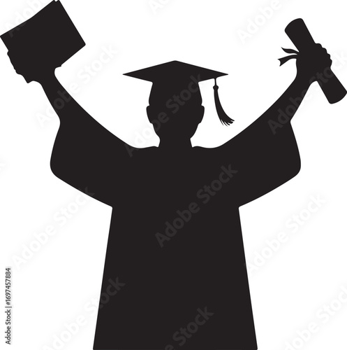 Graduate student boy in square hat raise hands vector icon. Male in mortar hat and graduation academic wear