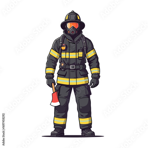 tough guy vector illustration of a fireman in full gear standing heroically with an axe in hand on a white background