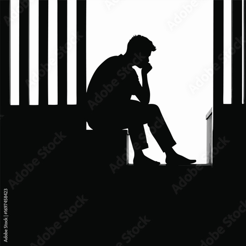 Silhouette of a pensive man sitting behind bars Keywords: silhouette, man, sitting, pensive