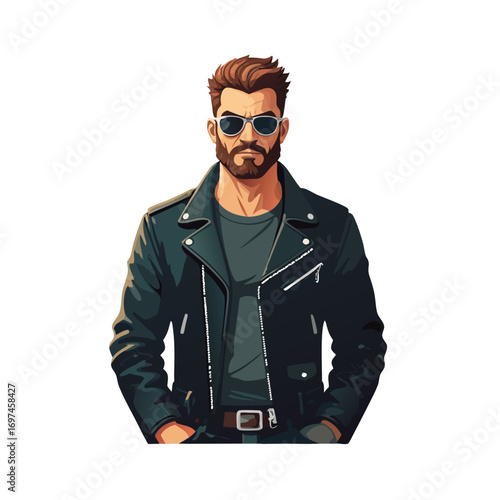 Tough guy vector illustration of a rugged man with beard and sunglasses wearing black leather jacket on white background standing strong and confident