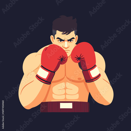 A muscular cartoon man wearing red boxing gloves and displaying a tough guy vector stance with a strong and confident expression on his face in a dark background