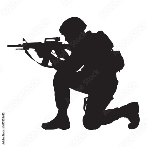 Silhouette of Armed Soldier in Combat Gear Holding a Vector