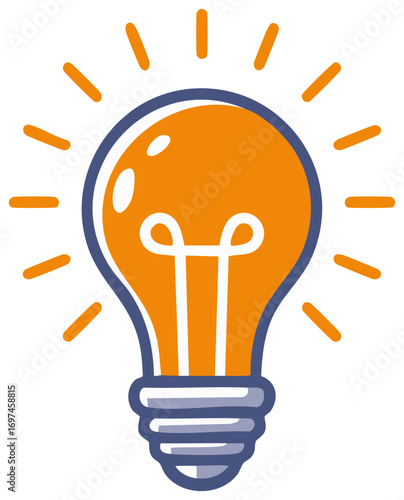 Cartoon lightbulb glowing symbolizing ideas, creative thinking and innovation