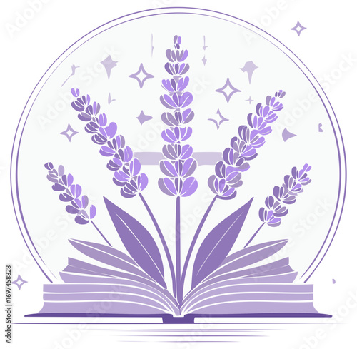 Enchanting lavender blossoms blooming from an open book within a magical circle frame illustration