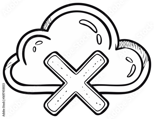 Hand Drawn Cloud and Cross Representing Failed Cloud Computing Process in Black and White
