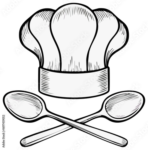 Chef Hat and Crossed Spoons Kitchen Tool Illustration Depicting Culinary Arts and Cooking Expertise