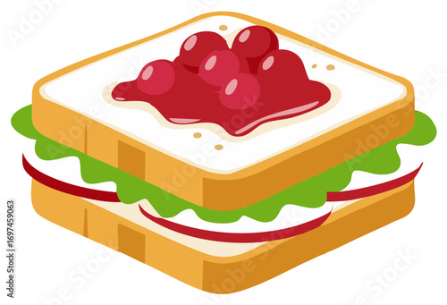 Isometric sandwich: Bread slices, lettuce, apple, and berry jam vector illustration.