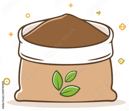 Bag of soil with leaves symbol, filled with dark, earthy material and sprinkled with decorative elements