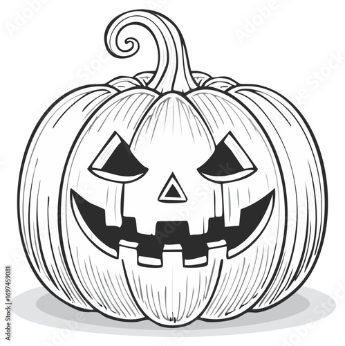 Spooky Halloween jack o lantern pumpkin illustration carved grinning face black and white art