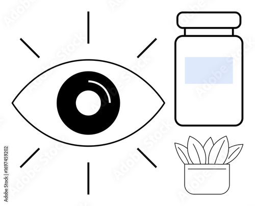 Eye surrounded by rays, medicine bottle, and plant pot with leaves. Ideal for health, vision care, natural remedy, wellness, healthcare herbal treatment holistic healing. Simple flat metaphor