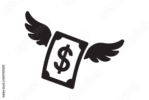 Flying money emoji with wings black silhouette on white background