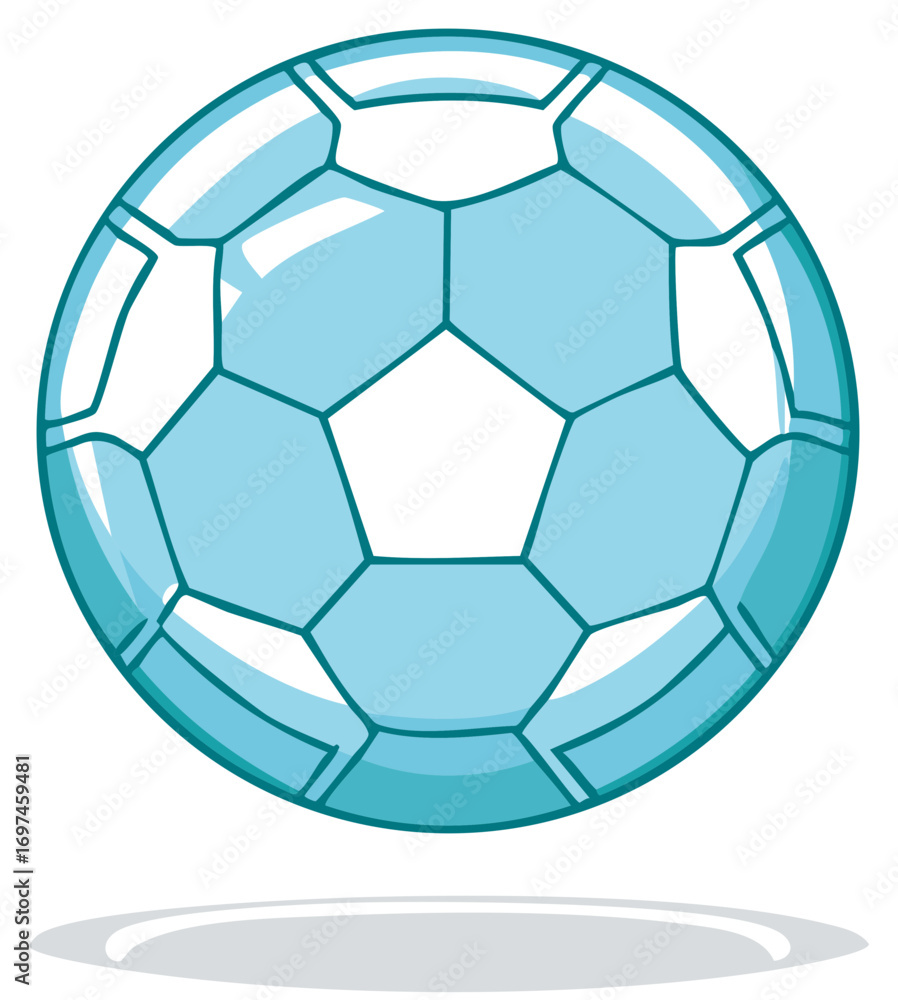 Obraz premium Teal and white soccer ball graphic with shadow, pentagons and hexagons, illustration, cartoon style, sporty, fun, competition, sports, and equipment