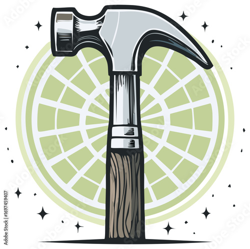 Illustration of hammer against geometric background, highlighting tools for construction and home improvement