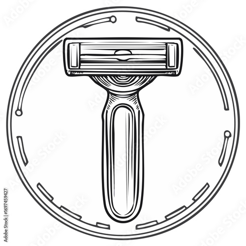 Stylized illustration of a razor blade within a circular frame with notched details