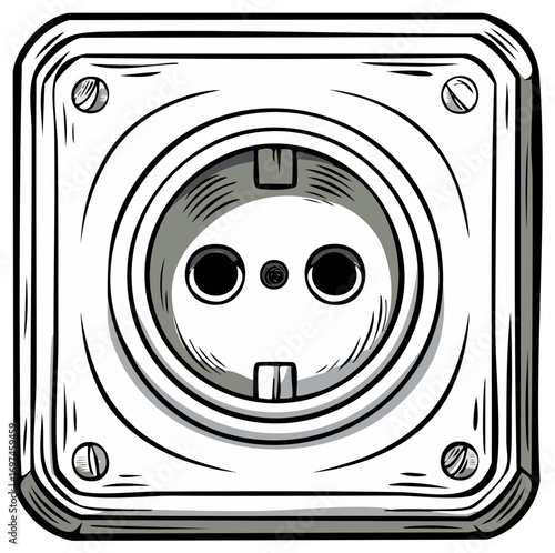 Classic European electrical socket in a hand drawn style black and white illustration