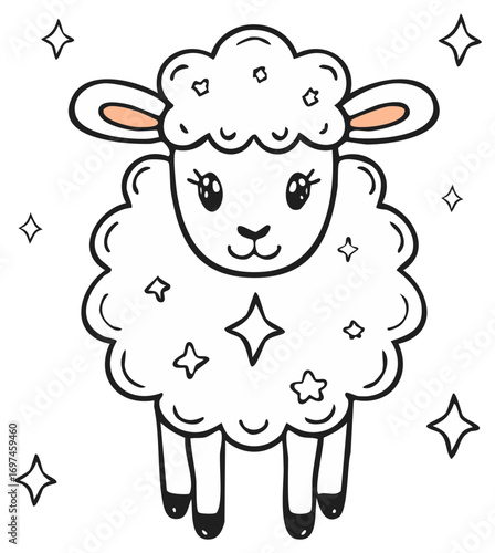 Cute Cartoon Sheep Character with Stars, Line Art Illustration for Coloring Pages, Kawaii Style Drawing, Vector Design