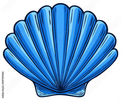 Stylized blue scallop seashell vector illustration. Cartoon clam shell with bold outlines.