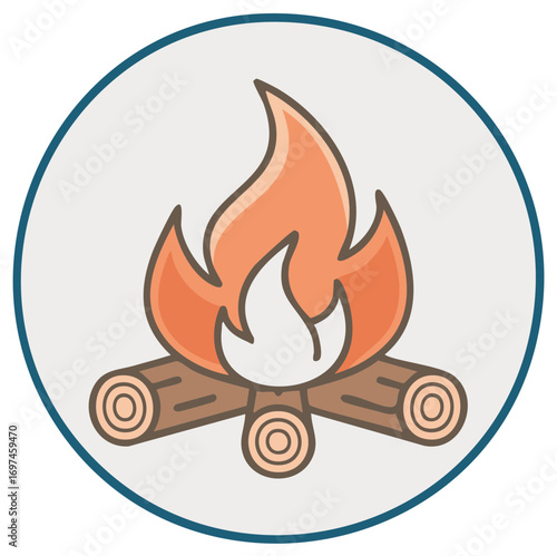 Cozy campfire burning logs with orange and white flames flat vector icon