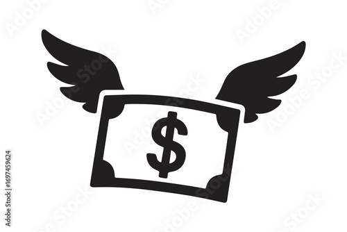 Flying money emoji with wings black silhouette on white background